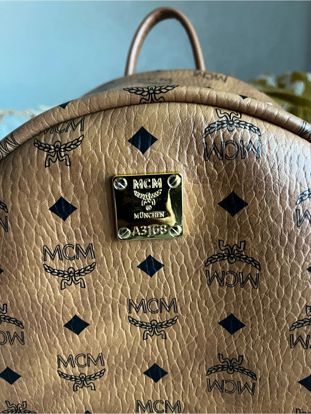 MCM Cognac Logo Visetos Backpack with Gold Hardware